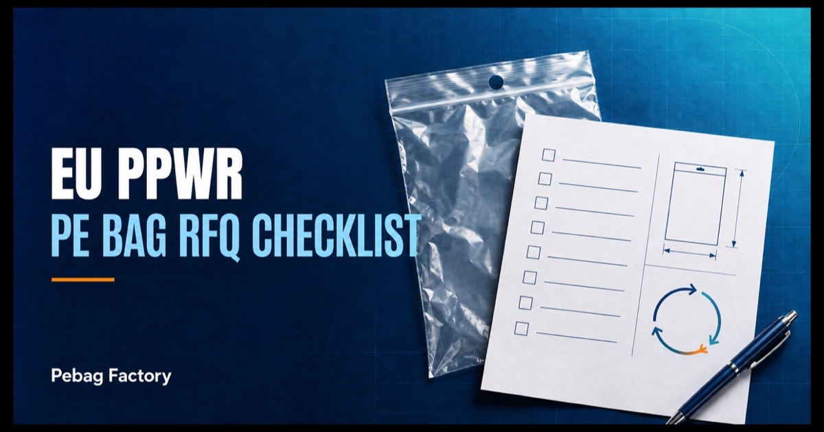 EU PPWR PE bag RFQ checklist with a packaging sample and specification sheet